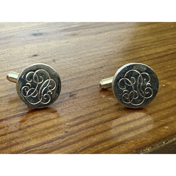 Vintage Estate Initial Mongram Round Silver Tone Cufflinks Set of 2 Pair - Picture 4 of 10